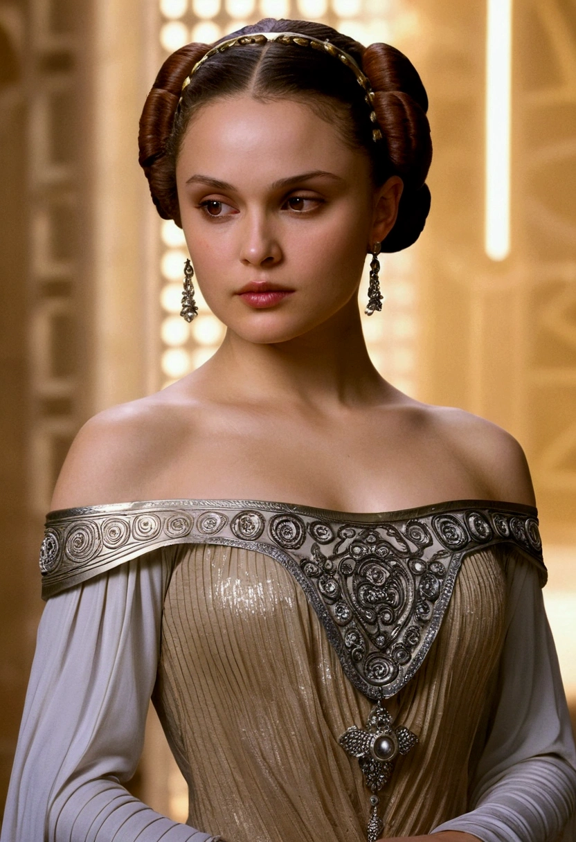(Padme Amidala) in an erotic off shoulder dress