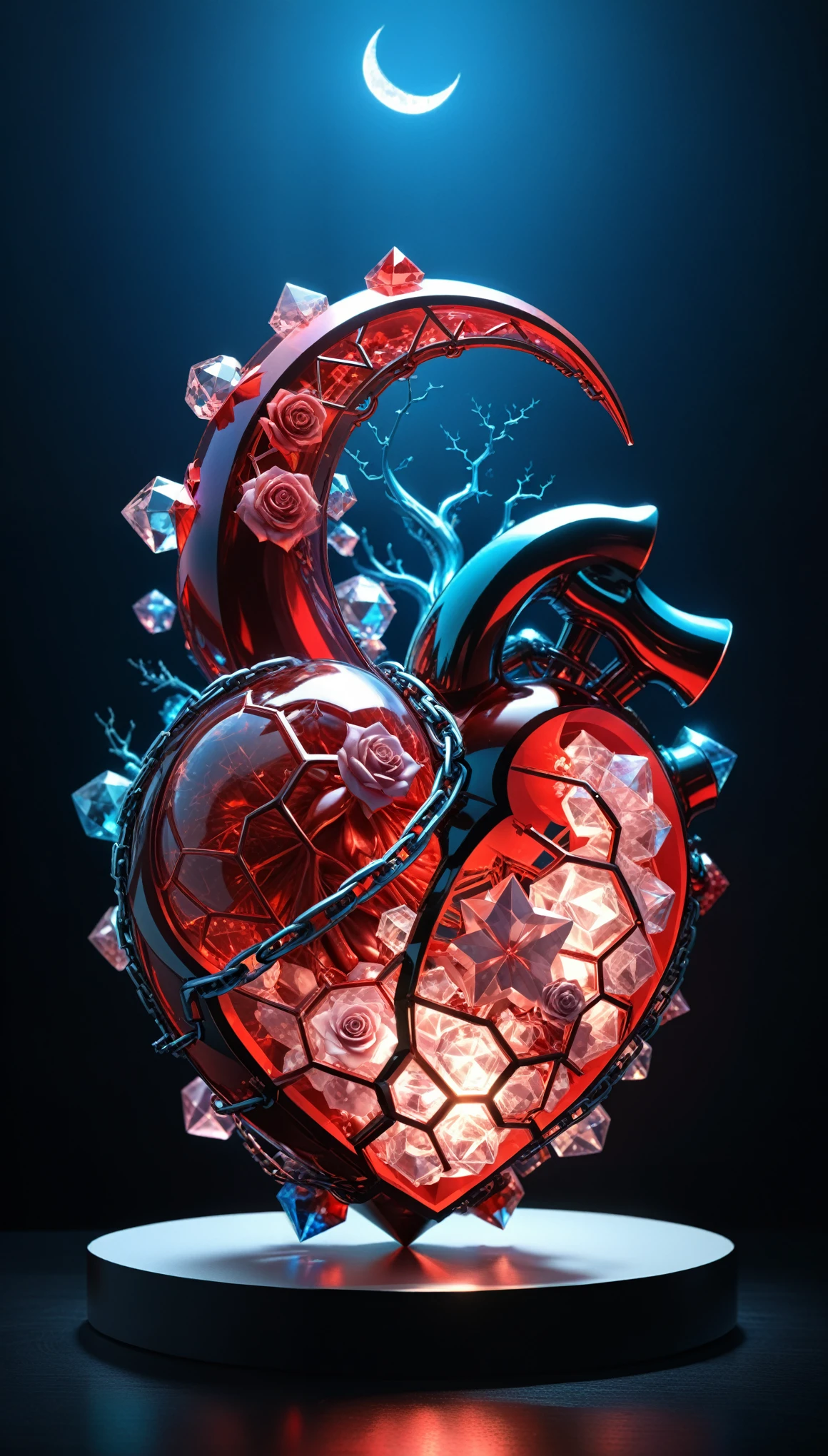 John Ball Style,(Liu Ye&#39;s style:0.9),
conceptual design of the transparent glass human Heart (organ),(1 (Kaneko:2) Heart (organ)， Entangled in metal chains and lightning:1.3),(hard ultra-polyhedra polygonal Heart \(organ\) Close-up of the sculpture:1.4),(Rose Quartz:1.3),(Blue flame line drawing:1.6),(Chemiluminescence:1.2),
(Red crescent moon background:1.6),sharp,sharp image,(Extremely detailed和复杂, Hyperpolarizers, elegant, Gorgeous, Surrealism, Very detailed:1.1),Extremely detailed,Breathtaking resolution,8K,Ray Tracing,masterpiece,Particle Effects,Beautiful Effects,
rest
(dark:1.4),(Extreme shadows:1.4),(The best shadow:1.4),dark氛围,