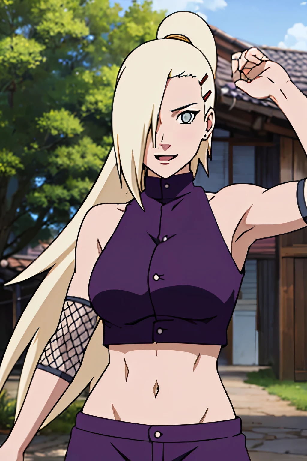 (biceps), Ino yamanaka, looking at the viewer, attractive, cowboy shot, ultra detailed face, sunny day, day time, upper body view, anime style, solo, detailed home, blonde, (purple clothes), ((one eye covered with hair, hair over eye)), medium breasts, belly button, looking at the viewer, thick arms, (off-shoulders, wide shoulders, curving body), hidden eye, smile, open mouth, very happy, tall, hair clip, sharp look, sharp face, sharp eye, cold colors,
