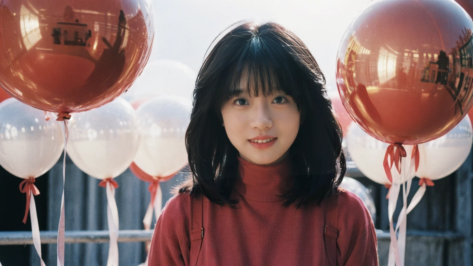 side fashion portrait photo of beautiful young woman smiley from the 60s wearing a red turtleneck standing in the middle of a ton of white balloons, taken on a hasselblad medium format camera , akina nakamori , shadow and light atmosphere