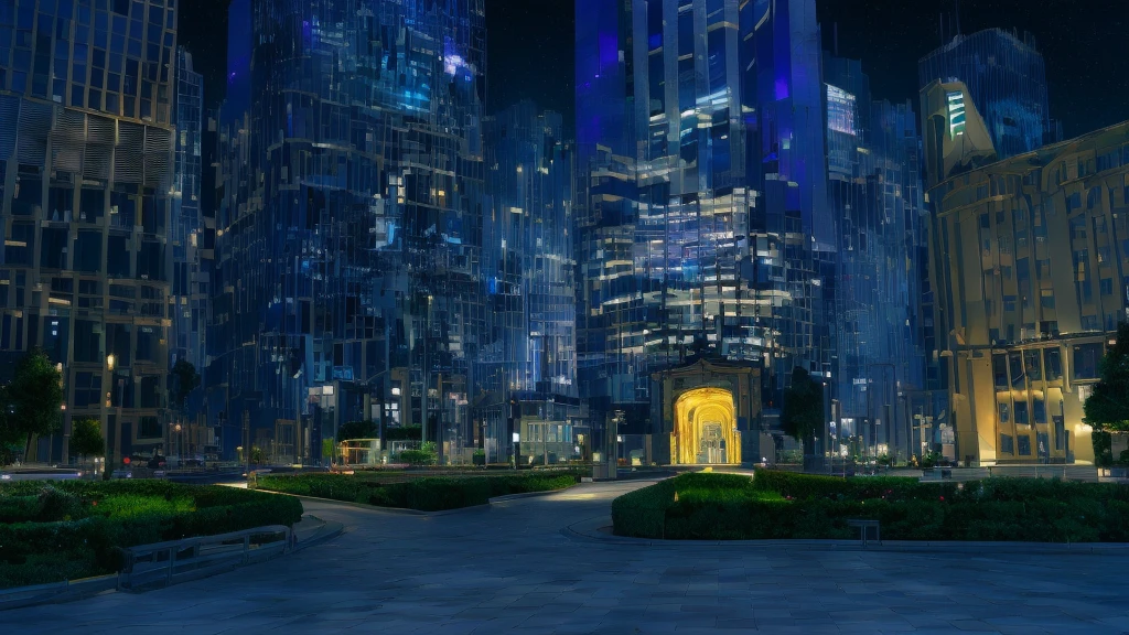 Night view of the city with fountain and bell tower, Anime style cityscape, The power of visual effects in the city at night, HD anime city landscape, Realistic establishing shot, Pixar《Zootopia》. 3d rendering, Anime landscape concept art, Random background scenes, 在Zootopia, Very detailed night cityscape, High-rise business district, Epic architecture in the center