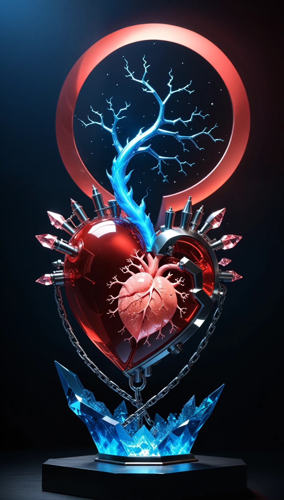 John Ball Style,(Liu Ye's style:0.9),
conceptual design of the transparent glass human Heart (organ),(1 (Kaneko:2) Heart (organ), Entangled in metal chains and lightning:1.3),(hard ultra-polyhedra polygonal Heart \(organ\) Close-up of the sculpture:1.4),(Rose Quartz:1.3),(Blue flame line drawing:1.6),(Chemiluminescence:1.2),
(Red crescent moon background:1.6),sharp,sharp image,(Extremely detailed和复杂, Hyperpolarizers, elegant, Gorgeous, Surrealism, Very detailed:1.1),Extremely detailed,Breathtaking resolution,8K,Ray Tracing,masterpiece,Particle Effects,Beautiful Effects,
rest
(dark:1.4),(Extreme shadows:1.4),(The best shadow:1.4),dark氛围,