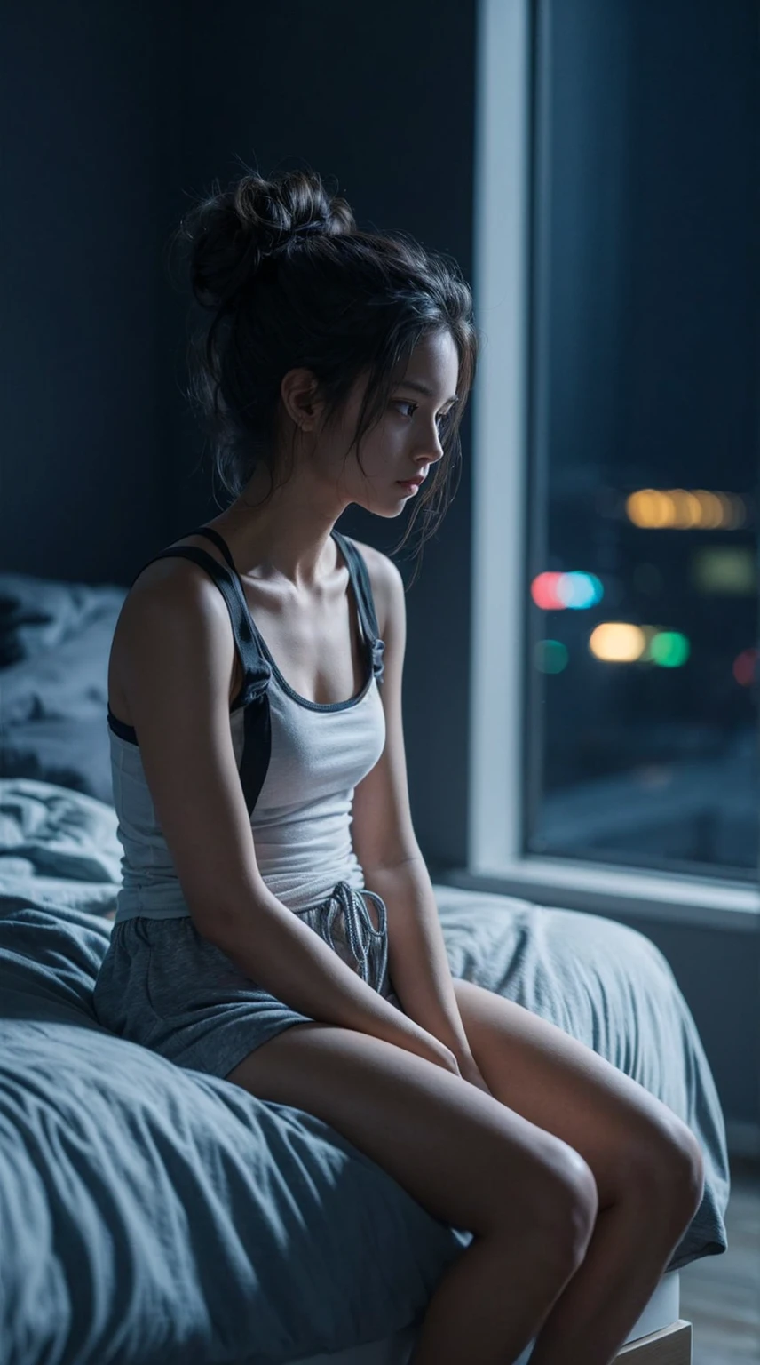 Create a realistic UHD 8K image of a young woman sitting on a bed in a dimly lit room. She is wearing a white tank top with black straps and grey drawstring shorts. Her hair is tied up in a messy bun, and she has a contemplative expression as she looks down. The room has a calm and intimate ambiance, with soft lighting highlighting her profile against a dark background, possibly showing the faint outline of city lights through a window. The setting should evoke a quiet, reflective mood.