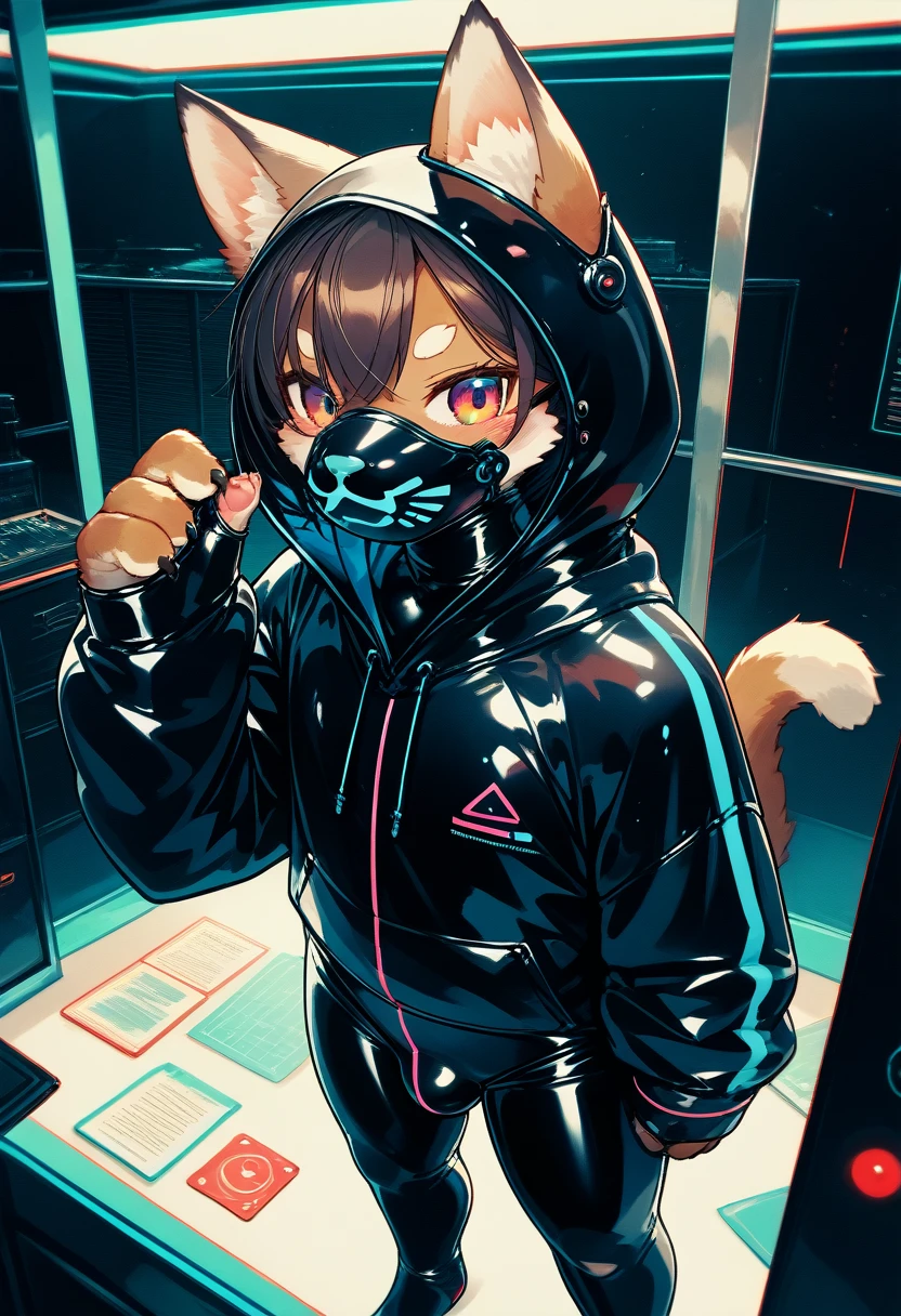 Highest quality, Highest quality, High quality illustrations, masterpiece, Ultra-high resolution, Detailed Background, Games Room, Absurd, Perfect Anatomy, performance, Good lighting, Shadows in the movies(kemono, Furry PersonifiCation), Cat, Dark Skin, Rubber suit, Rubber suit, latex, neon, neonライト, neonカラー, Rubber spats, Rubber Hoodie,  Rubber mask, ribbon, Embarrassing, Null bulge, male, juvenile, from above