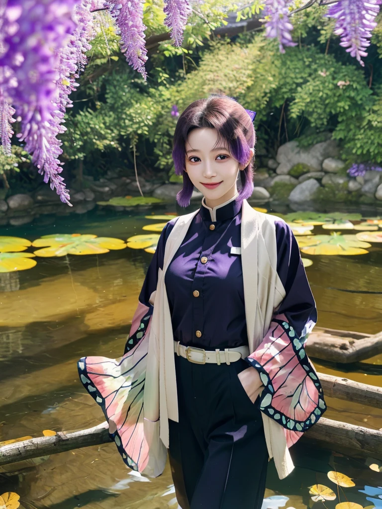 masterpiece, Highest quality, Super detailed, One girl, alone, kochou shinobu, Multicolored Hair, No bangs, Hair Intake, Purple eyes, amount, Wisteria, Black Shirt, Black trousers, Haori, butterfly, Standing waist-deep in the crystal clear water of a quiet pond, Peaceful Expressions, Surrounded by lush foliage and wildflowers, Falling petals, Fallen leaves, Large Breasts, Cowboy Shot, button, belt, A light smile,