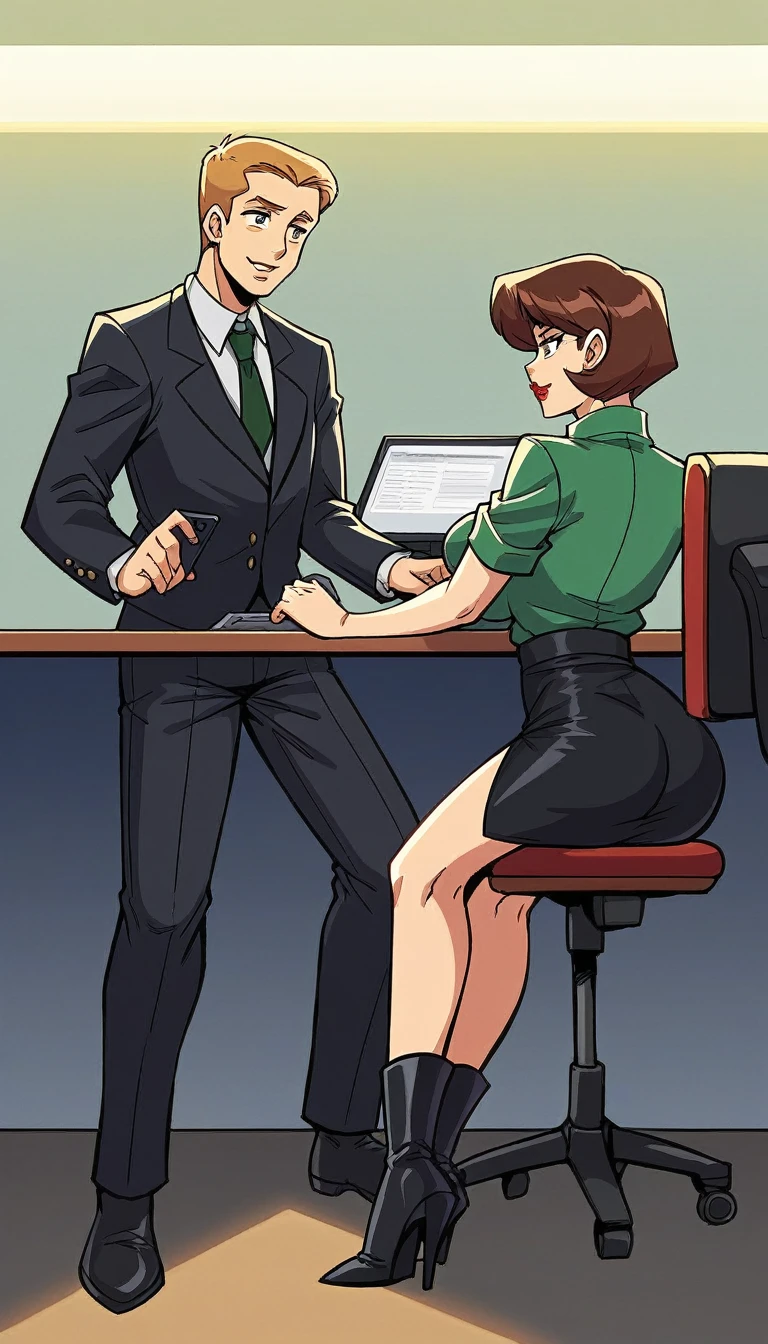 The man in his 45s with black very short hair and smooth face with moustache. The woman in her 45s with brown wavy long hair. The man is wearing an unbottoned black suit. The woman is wearing a green dress. In the bar bathroom that is dark color. The woman is leaning at the counter. Doggy sex. The woman is moaning. Orgasm. Passion. Erotic. Night. Dim environment. Realistic. Ultra realistic.