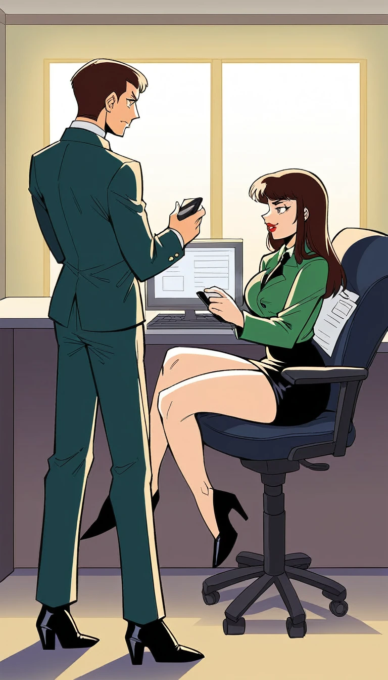 sam, totally spies, skinny, orange hair, skirt, bare shoulders, kneeling, inside a office, desk, suit man, blowjob, penis, fat man, principal, closed eyes, hugging legs, boots, side view, arms around thighs