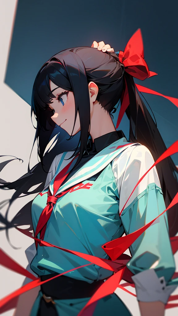 Two or more female college students、Black Hair Semi-Long、Tying hair with a red ribbon、wearing a light blue jersey、Looking this way and smiling、