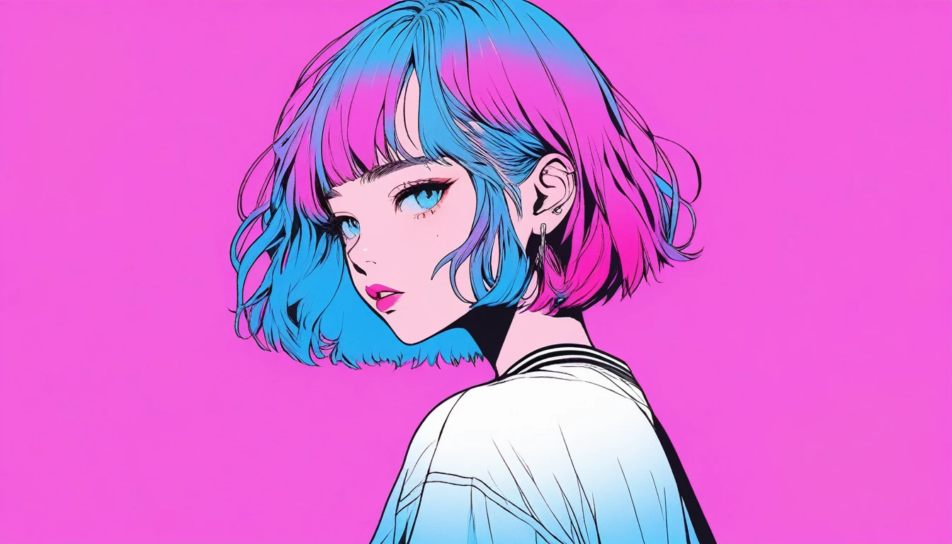 Illustrator, anime , Realistic ,sketch , 1 Girl, ,lip, tshirt,order, Blue gradient background, Neon Hair,Textured Trim, Canadian, (masterpiece,Highest quality) Cancer
