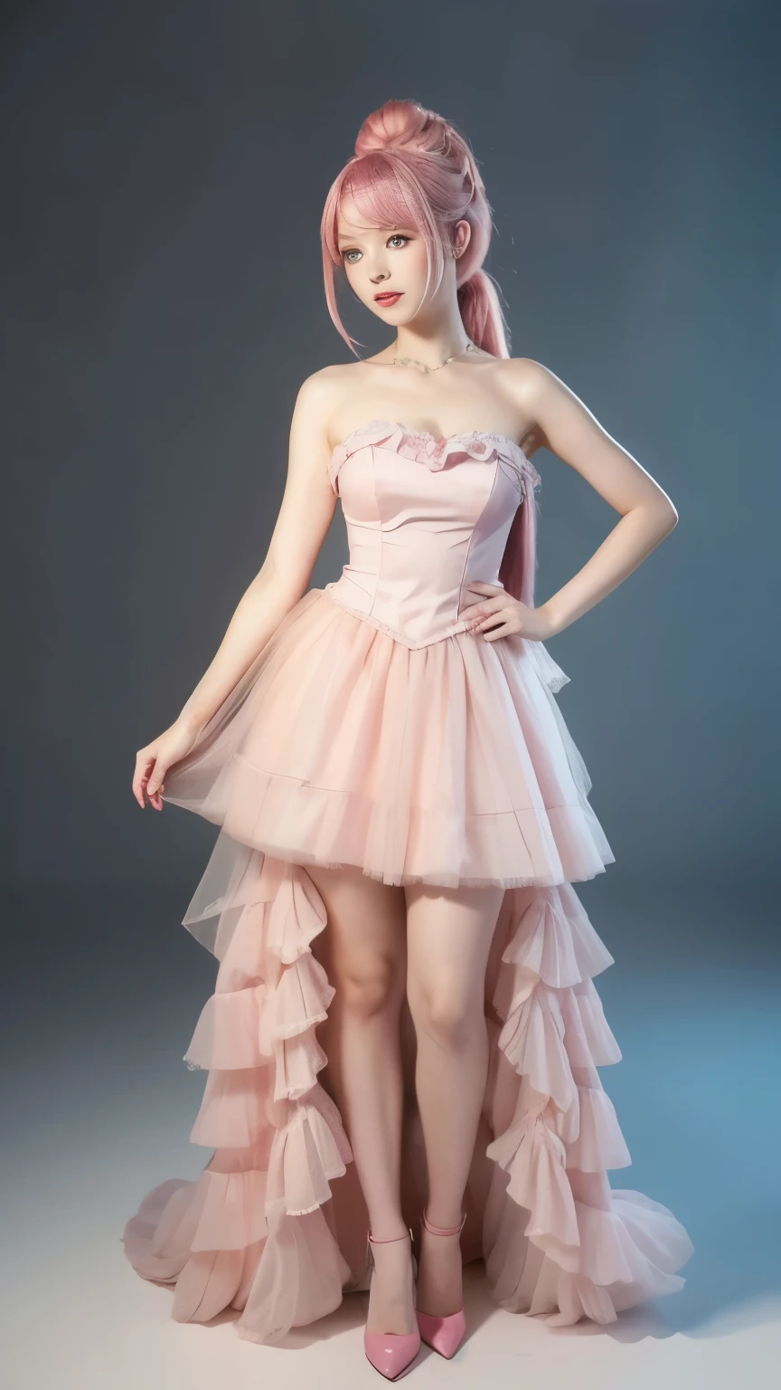 Full body of a person wearing a pink dress and having pink hair, Animation inspired by Louis Grell, Popular on Pixiv, Rococo, Anime Girl Cosplay, Anime role playing, Belle Delphine, Anime girls in real life, Anime Barbie, Charming role play, Fairy Tale Core, Red wig, Gorgeous role-playing, Pink ponytail hair and cyan eyes，Perfect body，Long legs，Fair skin tone，Solid color background，Mood Lighting，Clear face