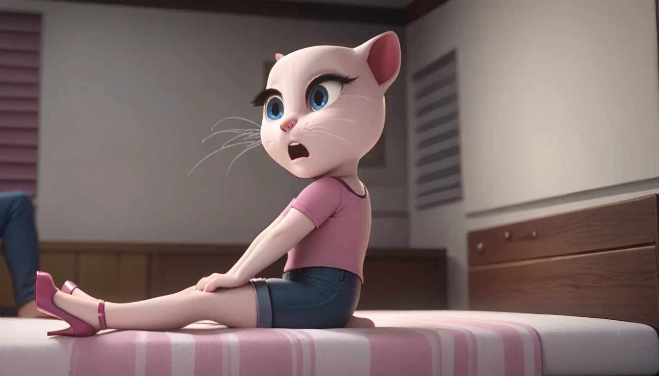 solo focus, a_la, 1girl, cat, white fur, long whiskers on both sides of the face, big bright blue eyes, big black eyelashes, pink nose, triangular ears with pink channels, high heels.short jeans pulled down. 1 girl and 1 boy human. side view. in bed. woman facing back The man is sitting on the chair. Woman sits on man anal screaming, lying, at home, looking back, big penis, 1 male rape, girl . Score_9, Score_8_up, Score_7_
