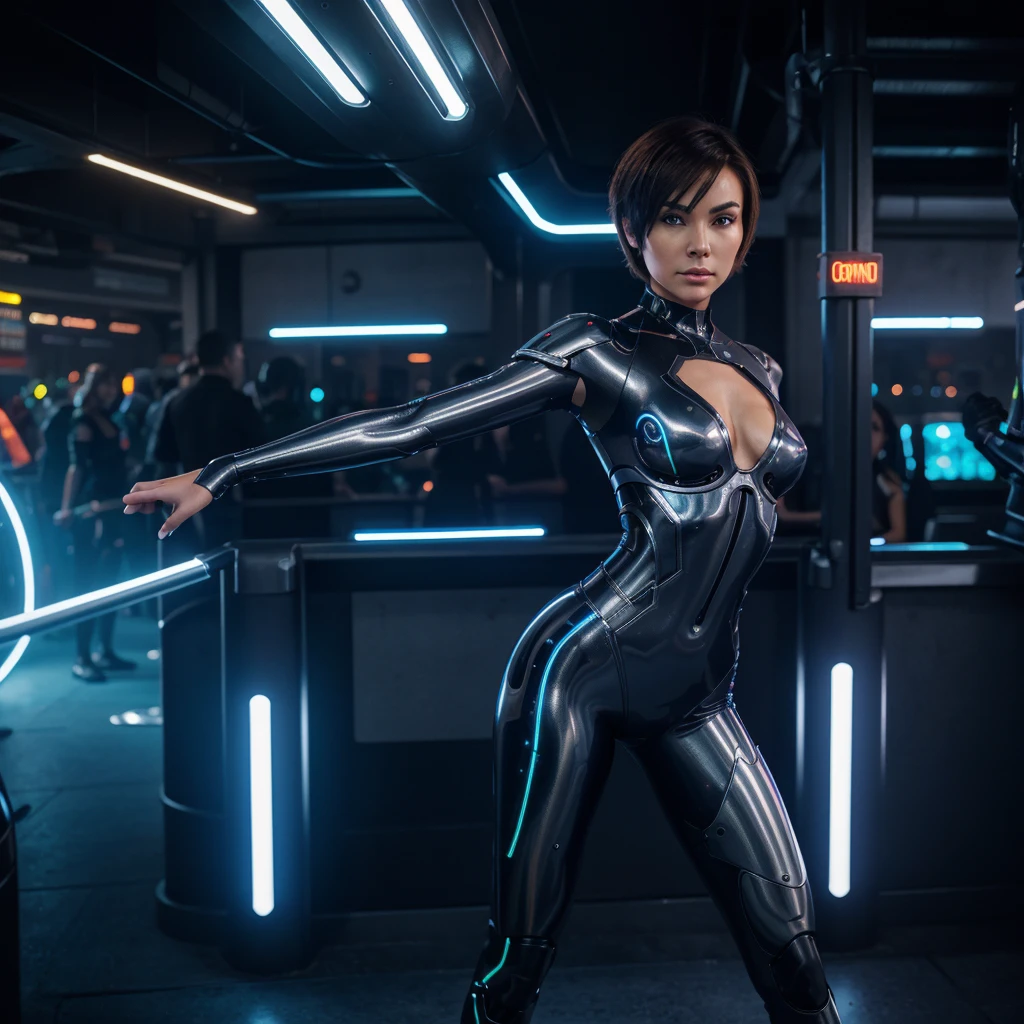 Full-body shot of a seductive female cyborg without a headpiece, short metallic hair. Athletic and seductive figure. Detailed face with high cheekbones and glowing eyes. Wearing a form-fitting flexible metal suit, resembling a second skin. Background: futuristic market or street with crowds and neon signs. Pose: relaxed, one leg forward, hands on hips.
