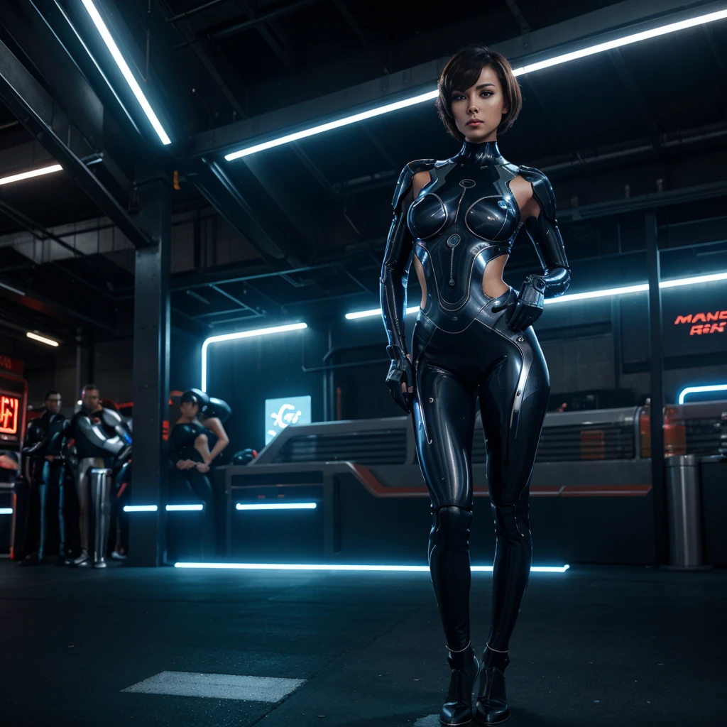 Full-body shot of a seductive female cyborg without a headpiece, short metallic hair. Athletic and seductive figure. Detailed face with high cheekbones and glowing eyes. Wearing a form-fitting flexible metal suit, resembling a second skin. Background: futuristic market or street with crowds and neon signs. Pose: relaxed, one leg forward, hands on hips.