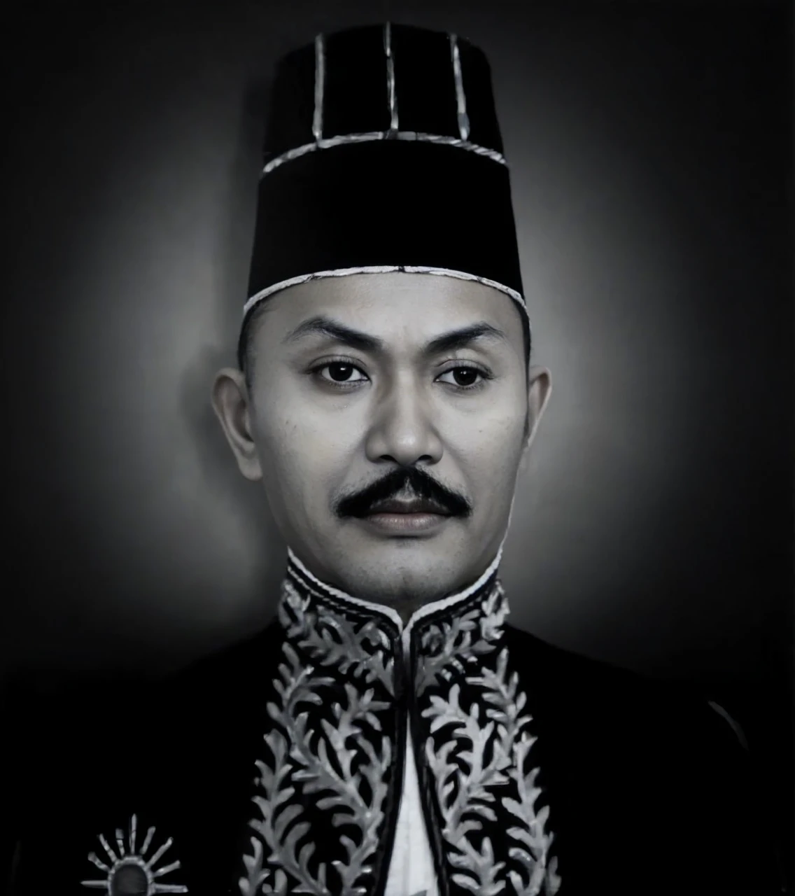 Indonesian Muslim man, aged 40 years or over, wrinkled brown skin, wearing clothes with the nuances of the great king of Mataram, kanigaran type clothes, high head covering. long small eyebrows, slightly thick lower lip, small slightly flat nose, natural clear eyes, natural thick black mustache. HD quality realistic images.