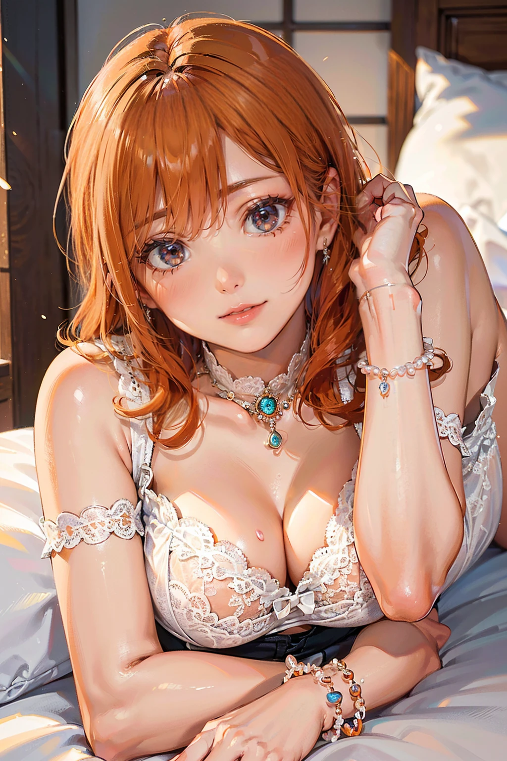 (masterpiece, Highest quality:1.3), (Super detailed:1.2), (hyperRealistic:1.3), (RAW Photos:1.2), High-definition RAW color photos, Professional photos, (PhotoRealistic:1.4), (Realistic:1.4), (Orange Hair:1.5), Professional Lighting, Perfect Anatomy, (Big Breasts:1.2), (blush, Detailed face), (Happy smile:1.7), Sexy, erotic Sexy, Random sexy gravure poses, (Beautiful woman wearing white lace bustier and shorts、Lying in bed, 髪をSexy後ろになびかせて。Pearl anklets decorate the ankles。:1.3)