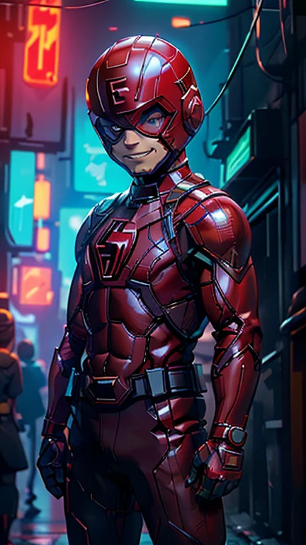 best quality,masterpiece,1boy,solo,(((13years old))),japanese boy,an extremely cute and handsome boy,highly detailed handsome face and eyes,petit,cute face,lovely face,baby face,shy smile,show teeth, Blonde hair,short hair,flat chest,skinny,slender,(((wearing Daredevil costume,red superhero helmet,red hero mask style))),(((standing in Dark Midnight Neon Glow light Cyberpunk Metropolis city))),he is looking at the viewer,