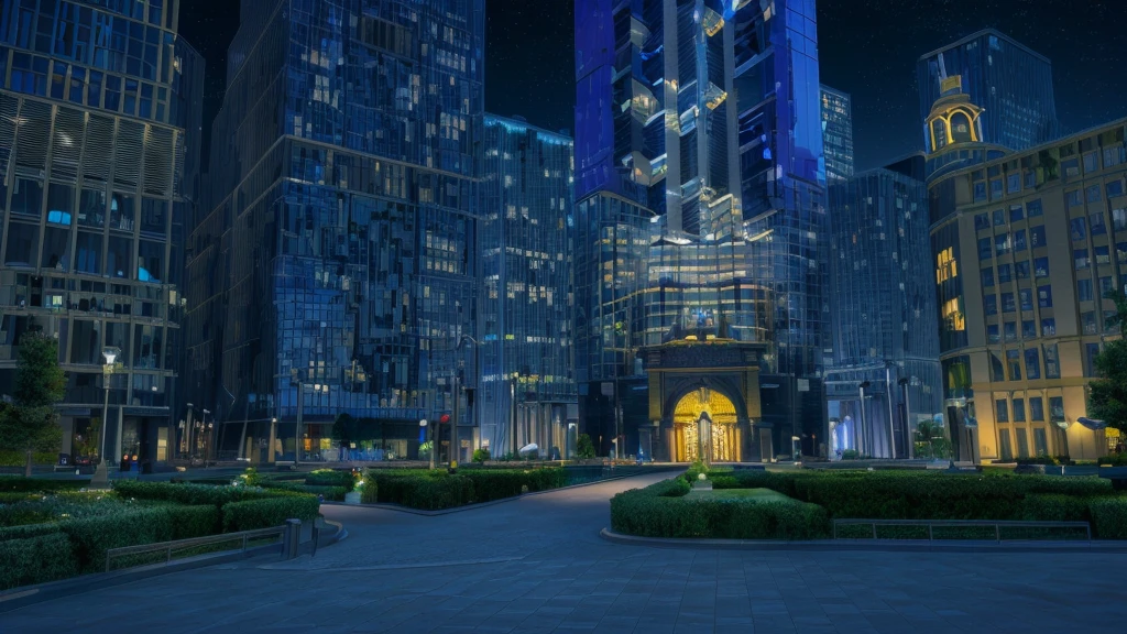 Night view of the city with fountain and bell tower, Anime style cityscape, The power of visual effects in the city at night, HD anime city landscape, Realistic establishing shot, Pixar《Zootopia》. 3d rendering, Anime landscape concept art, Random background scenes, 在Zootopia, Very detailed night cityscape, High-rise business district, Epic architecture in the center