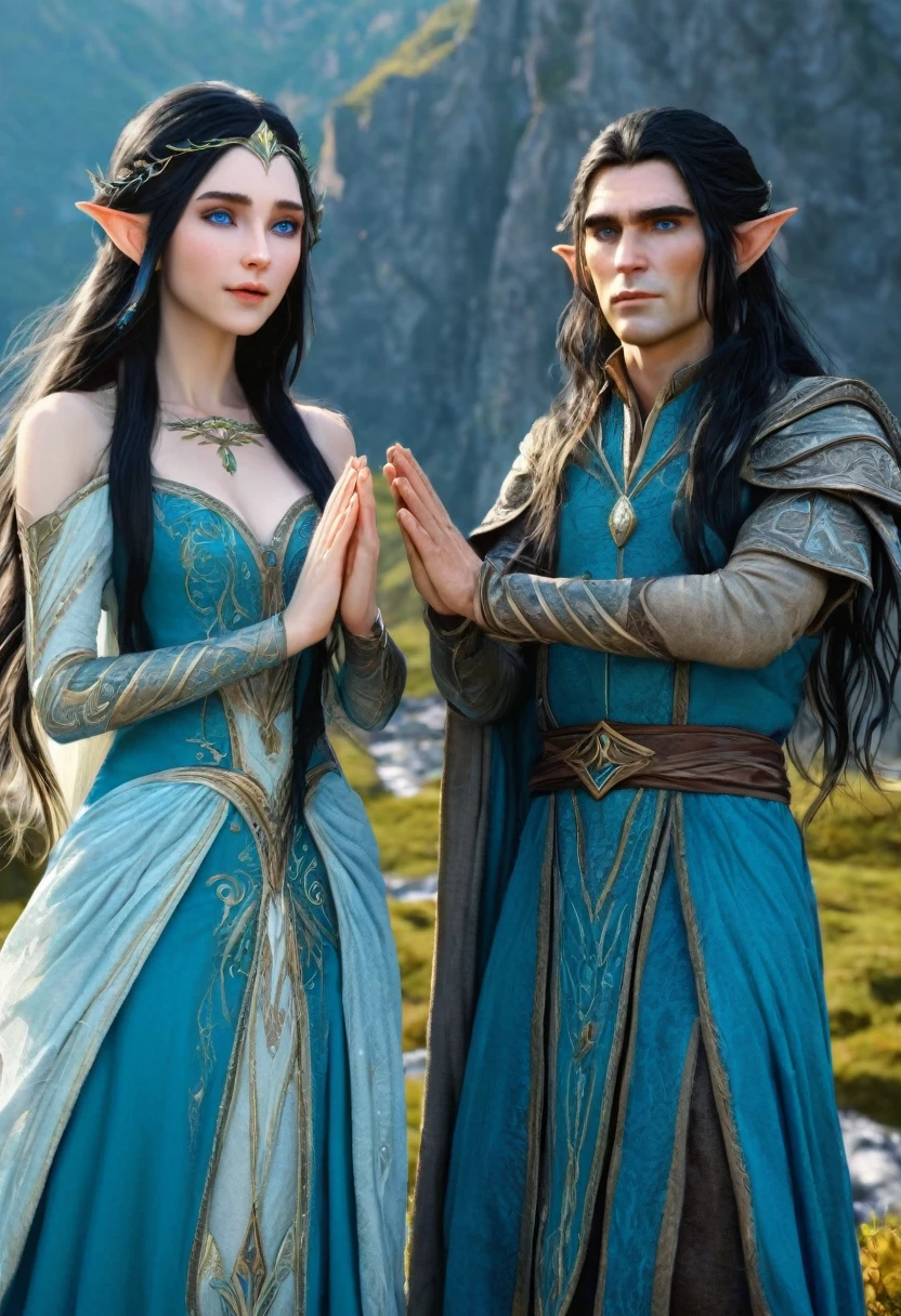 Image of a man and women who are elves , man long hairs , women with black hairs and pale skin , blue eye on both man and women , man and women with normal expression , man and women wearing old elven cloths , lifted their hands with bright sparkling magic , mountain scenery