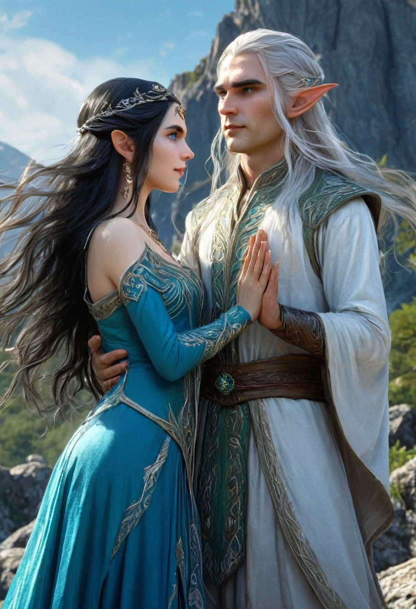 Image of a man and women who are elves , man long hairs , women with black hairs and pale skin , blue eye on both man and women , man and women with normal expression , man and women wearing old elven cloths , lifted their hands with bright sparkling magic , mountain scenery