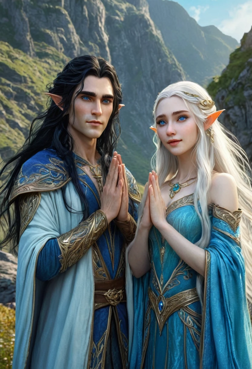 Image of a man and women who are elves , man long hairs , women with black hairs and pale skin , blue eye on both man and women , man and women with normal expression , man and women wearing old elven cloths , lifted their hands with bright sparkling magic , mountain scenery