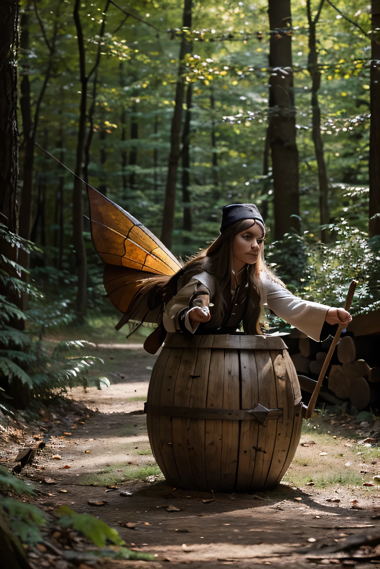 Draw a fairy tale character " Baba Yaga" flying in a fairytale forest in a mortar between the trees