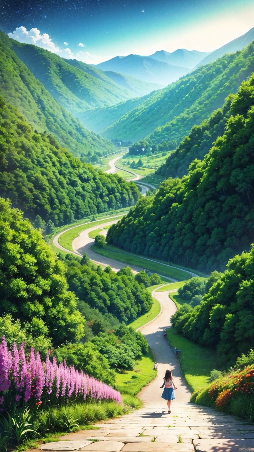 anime-style illustration, A serene landscape featuring a young woman standing on a path, overlooking terraced mountainous valley. The scene is depicted in a highly saturated and vibrant style, intense and rich colors vivid. The lush greenery, cascading hills, rendered with strong exaggerated colors that enhance the natural beauty. The sky above is clear blue sky and distant mountain peaks. She is walking along a path illuminated by the moon and stars, creating a magical glow. The grassland is filled with glowing flowers, fireflies, and distant mountains under the night sky.