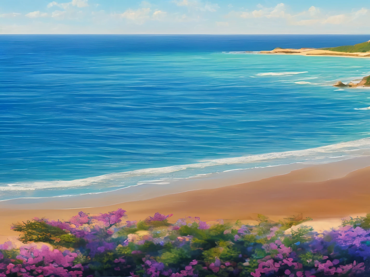 A beautiful beach landscape with a pink sand shore and a calm, green sea. The scene is devoid of people, capturing the serene and tranquil essence of the beach. The style is dreamy, aesthetic, and romantic, rendered in an oil painting style with a focus on a high-quality, ultra-clear 8K resolution to bring out the vivid details and colors. The composition follows the golden ratio, creating a harmonious and balanced visual，