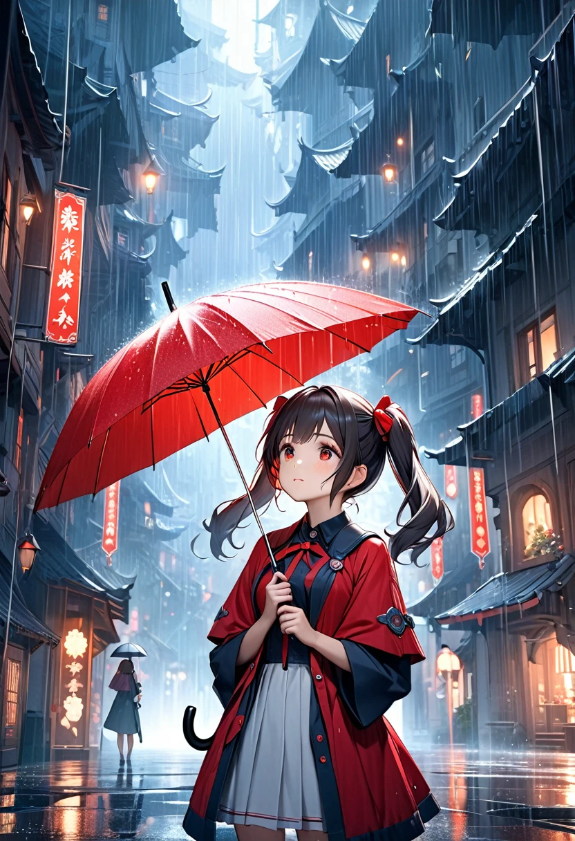 Fantasy CG art,A cute girl is taking shelter from the rain in a fantasy world with an umbrella.The girl has red twin-tails and looks young and cute.hand holding umbrella Looking up at the rain falling from the sky in a fantastical space, red umbrella,A perfect depiction of an umbrella,Cowboy Shot,High quality, high image quality,Masterpiece Best Quality 16k.Ultra detail,