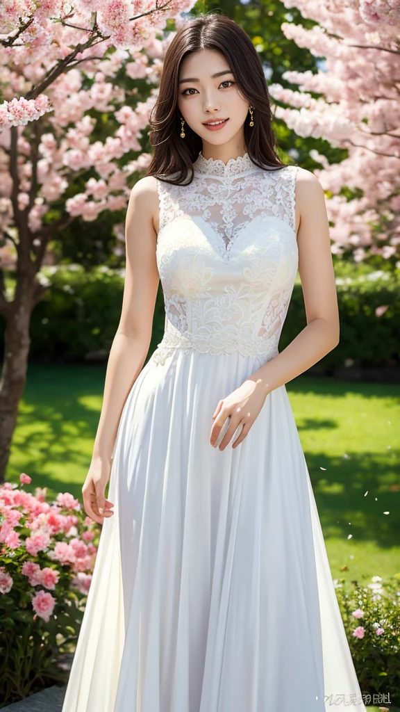 20-year-old Japanese woman, wearing a white lace wedding dress, digital painting, standing in a serene garden, soft natural light, detailed lace texture, elegant and graceful, smiling, traditional Japanese features, cherry blossoms in the background, romantic atmosphere, delicate and intricate design, full-length portrait, light breeze, springtime setting, (masterpiece: 2), best quality, ultra highres, original, extremely detailed, perfect lighting