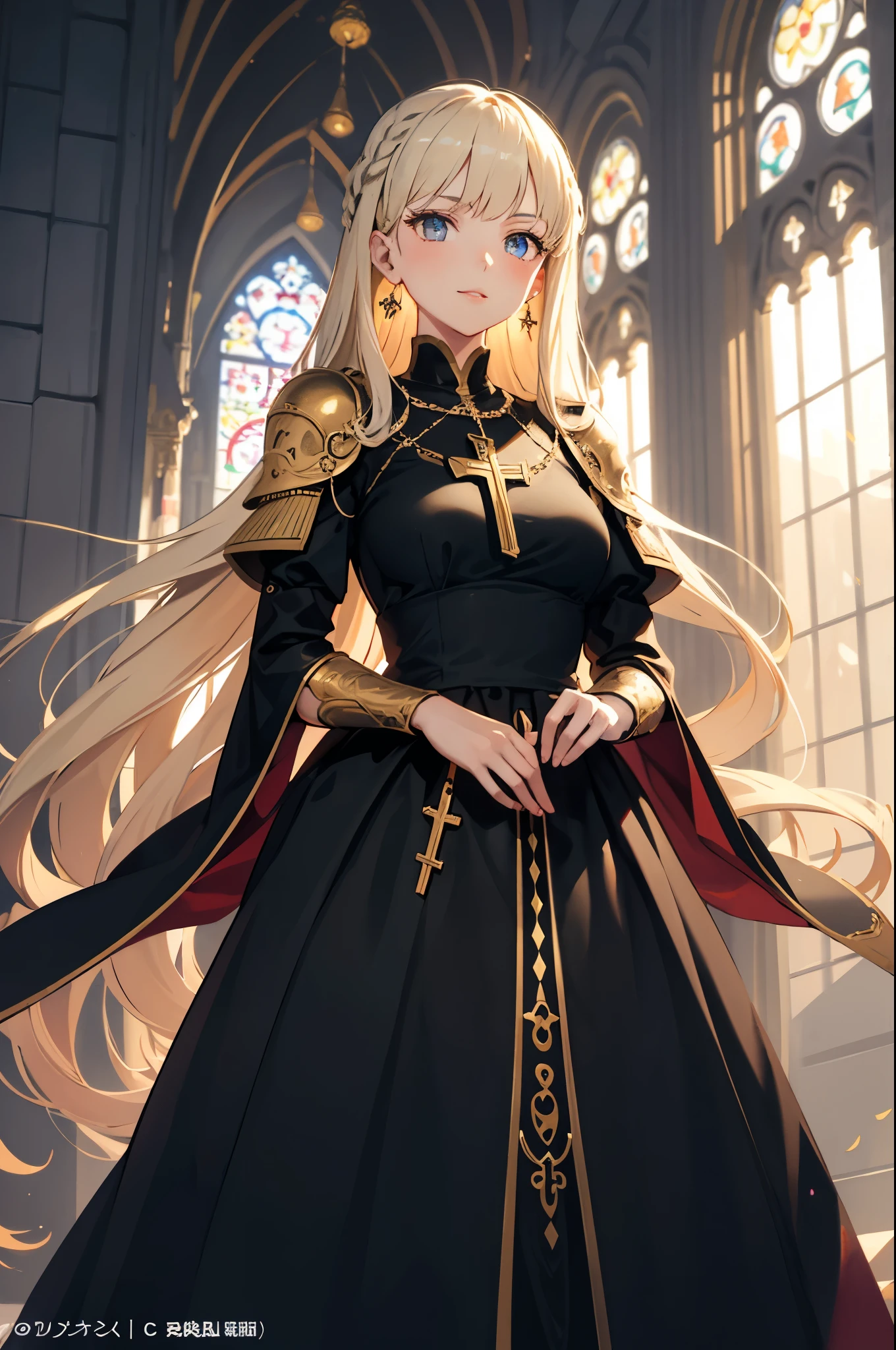 ((Masterpiece artwork, top-quality, official anime art, beautiful and aesthetic:1.2)), (1 girl:1.3), (full head: 1.9), (Clothing must cover the entire body), (Slender, blonde commanding knight), solid colors, a noble mature Catholic woman, looking at the observer, soft smiling, Soft makeup, mysterious, set in medieval Europe, The woman has 1.68 m high, Soft makeup, graceful pose, woman with blonde hair, slightly long hair, fine wavy hair, flowing hair tied with beautiful ornaments, asymmetrical bangs, wear earrings, blue-gray eyes with a slight greenish tint, glare eyes, perfects eyes, face perfect, Delicate Lashes, sacred vestment, guild outfit with super light and thin ornate armor, long modest dress, white and black dress with minimal details in blue and gold, the dress should be a little loose, the woman wears a golden Christian cross around her neck, The character must only be visible from the front, completely natural position, meticulous portrait of the face, inside a castle, perfect background, soft lighting.