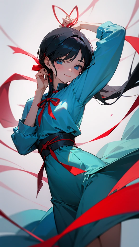 Two or more women、Black Hair Semi-Long、Tying hair with a red ribbon、wearing a light blue jersey、Looking this way and smiling、