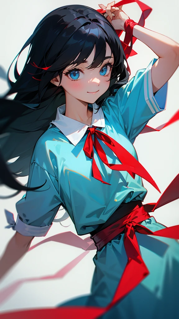 Two or more female college students、Black Hair Semi-Long、Tying hair with a red ribbon、wearing a light blue jersey、Looking this way and smiling、