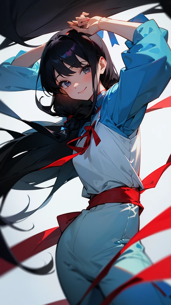 Two or more women、Black Hair Semi-Long、Tying hair with a red ribbon、wearing a light blue jersey、Looking this way and smiling、