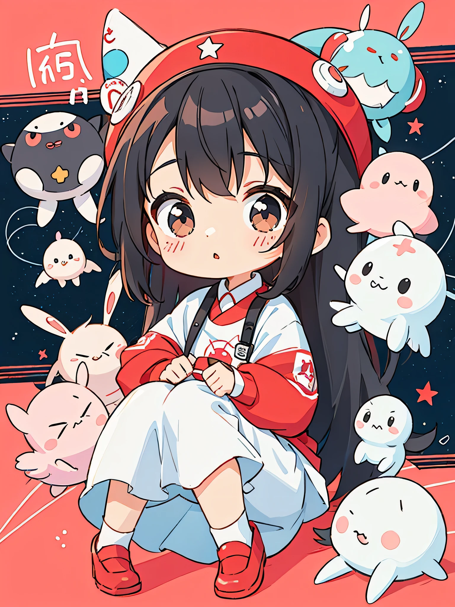 Black Star Red and White style, Kawaii Design, The most beautiful girl of all time、Chibi, play together、Cute Aliens,
