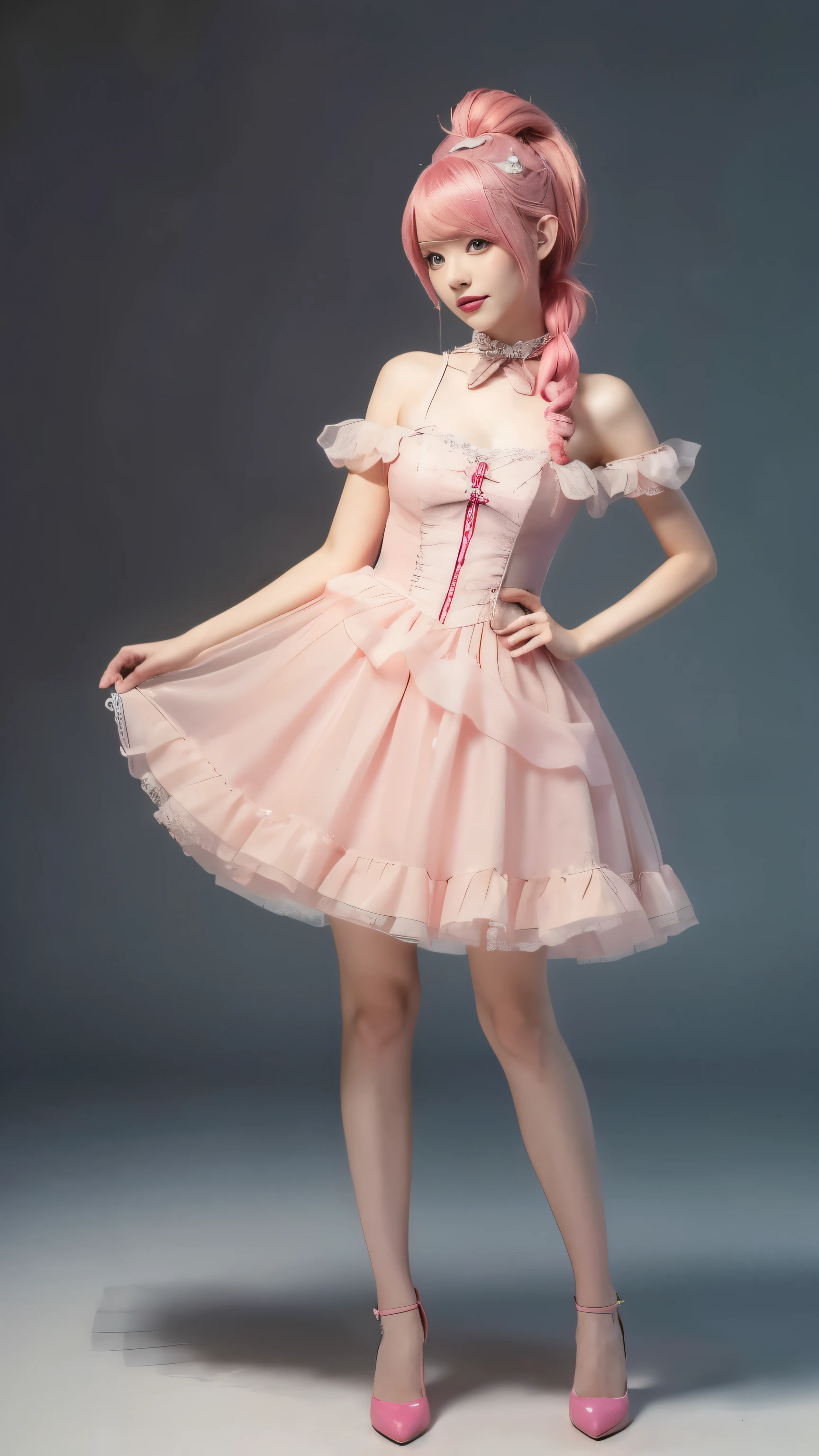 Full body of a person wearing a pink dress and having pink hair, Animation inspired by Louis Grell, Popular on Pixiv, Rococo, Anime Girl Cosplay, Anime role playing, Belle Delphine, Anime girls in real life, Anime Barbie, Charming role play, Fairy Tale Core, Red wig, Gorgeous role-playing, Pink ponytail hair and cyan eyes,Perfect body,Long legs,Fair skin tone,Solid color background,Mood Lighting,Clear face