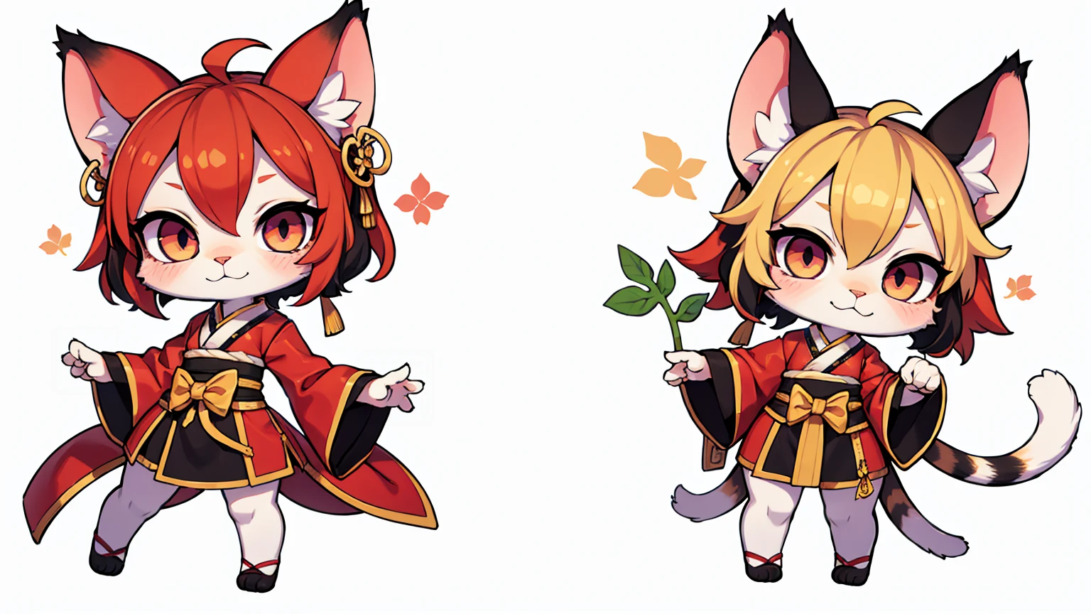 a cat character game, cat ears, furry, (full body:1.2) , chibi, advanced digital chibi art, g liulian art style, maplestory mouse, bian lian, chibi art, league of legends art style, character art of maple story, ((view at the viewer)), (((hanfu costume))), ((white background)), simple background