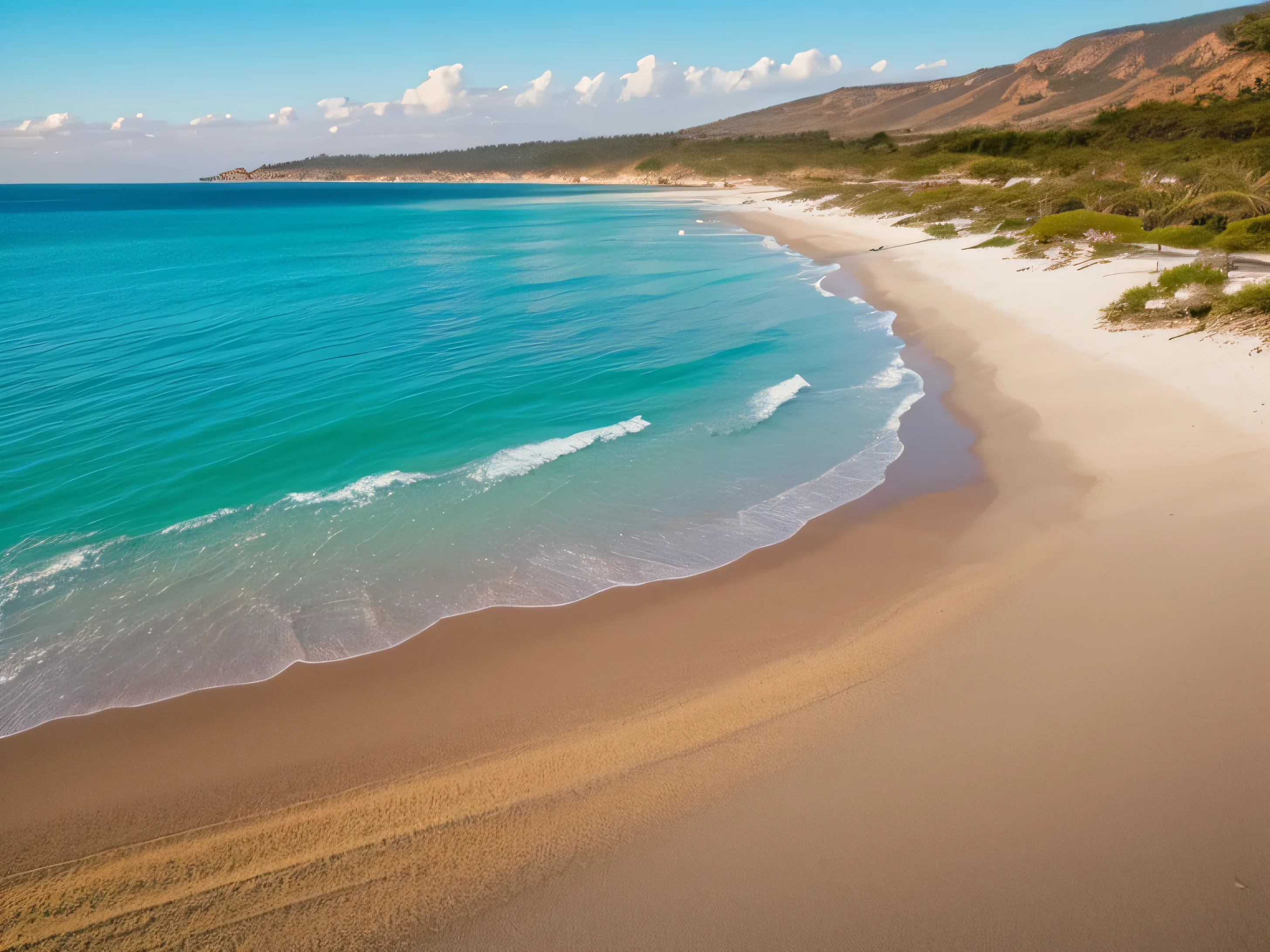 A beautiful beach landscape with a pink sand shore and a calm, green sea. The scene is devoid of people, capturing the serene and tranquil essence of the beach. The style is dreamy, aesthetic, and romantic, rendered in an oil painting style with a focus on a high-quality, ultra-clear 8K resolution to bring out the vivid details and colors. The composition follows the golden ratio, creating a harmonious and balanced visual.