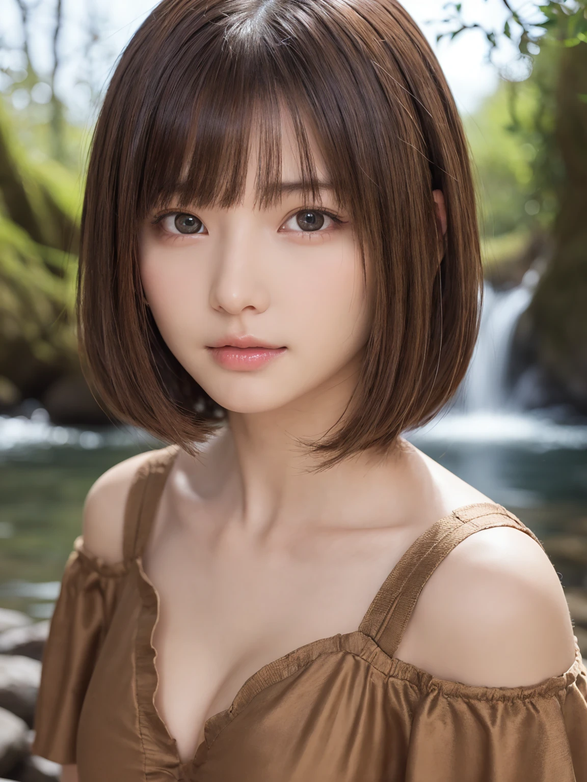 One Girl, (Beautiful girl, Delicate girl:1.3), (:1.3),
break,  (Off-the-shoulder tops:1.2),
break, (Small waterfall　background:1.2),
break, Very beautiful eyes, (Symmetrical eyes:1.3),
break, (Big Breasts:1.1), Brown eyes, Parted bangs, Brown bob cut hair, Round face, cute,
break, (Eye and facial details:1.0),
break, (masterpiece, Highest quality, Super detailed, Detailed face, 8K)
