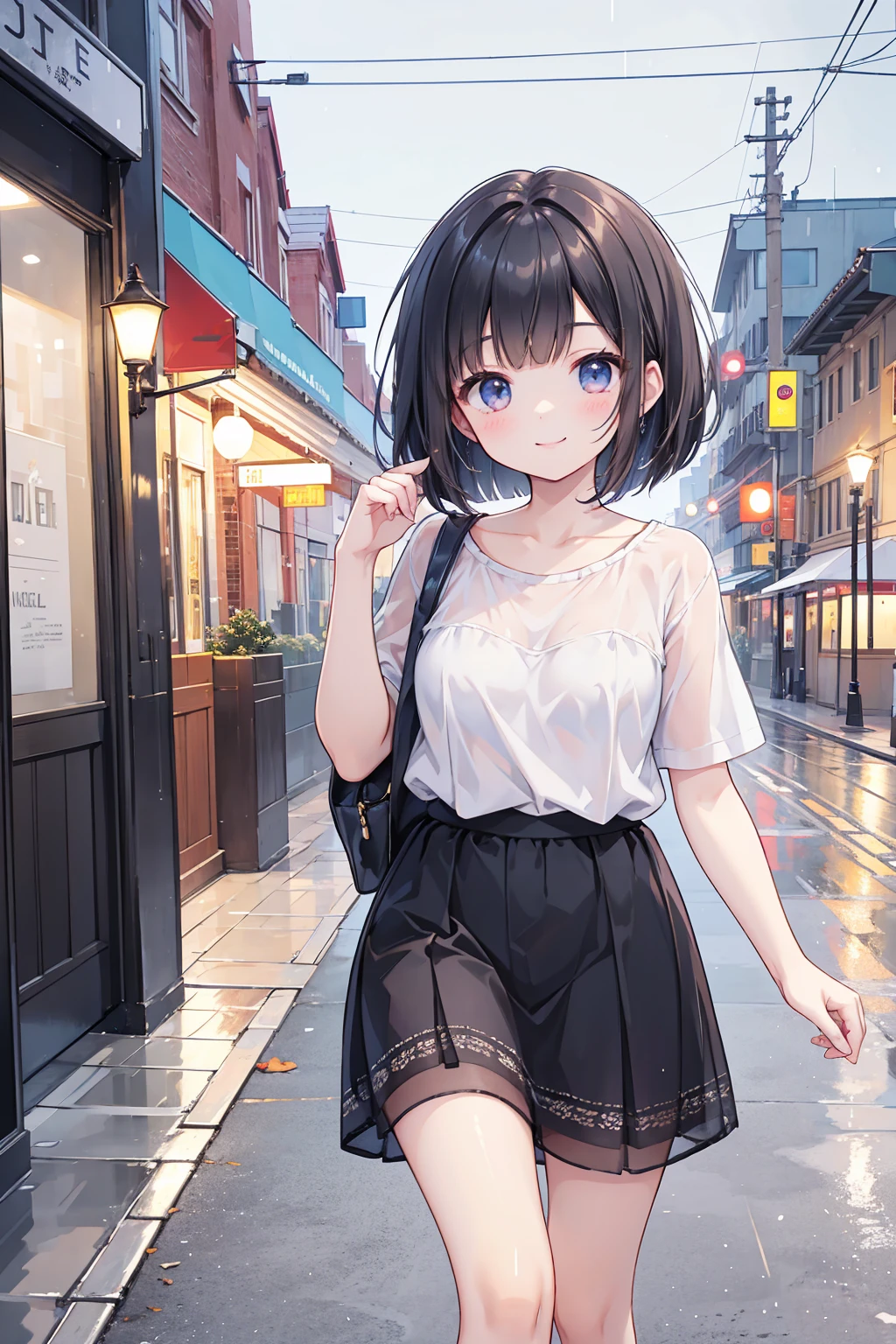 Highest quality、Highest Resolution、Highest quality、8K、Beautiful woman、cute、Bob Cut Hair、Dark Hair、Casual clothing、smile、Smile、rain、Walking around the city、