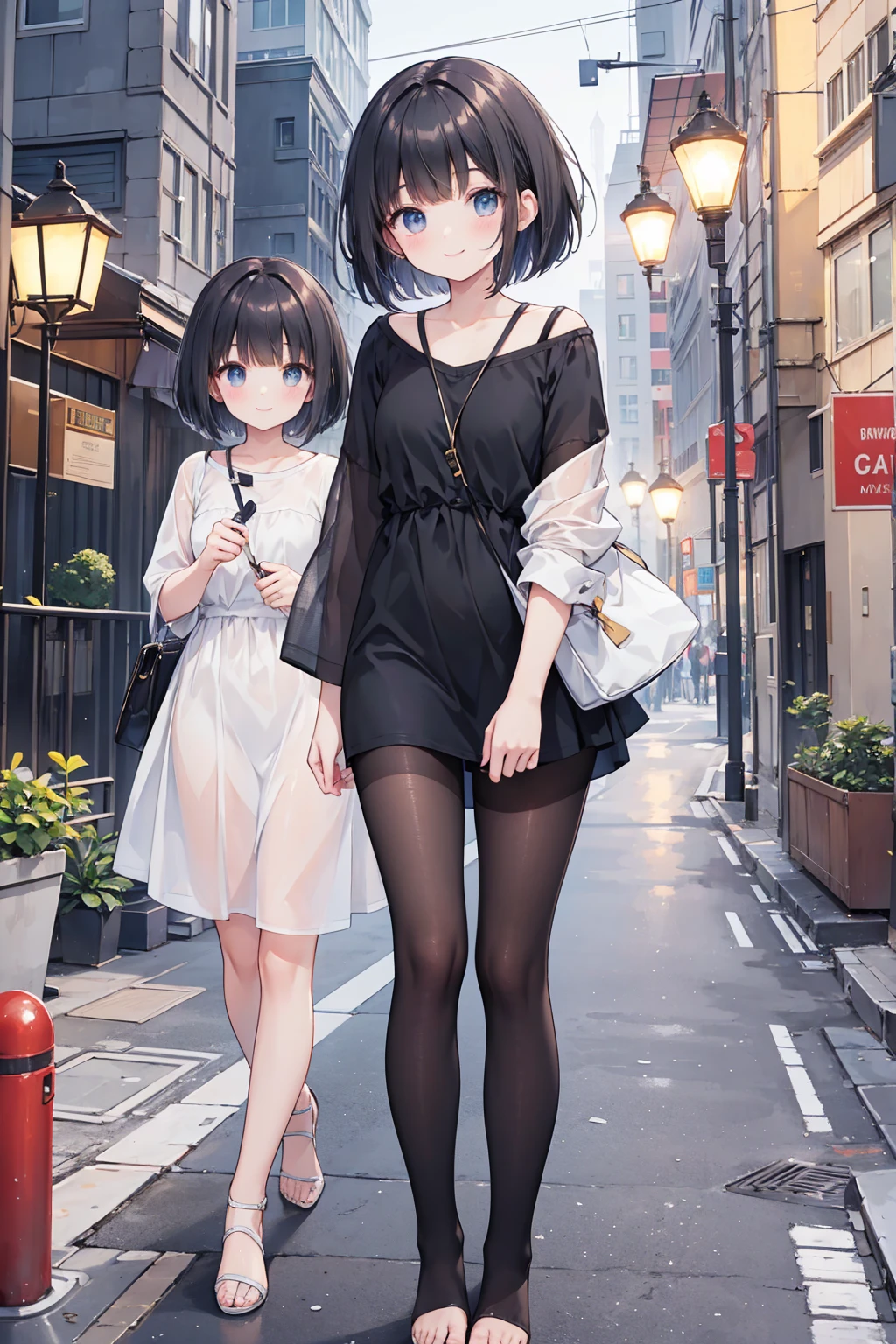 Photorealistic、Highest quality、Highest Resolution、Highest quality、8K、Beautiful woman、cute、Bob Cut Hair、Dark Hair、Casual clothing、smile、Smile、light rain、Walking around the city、