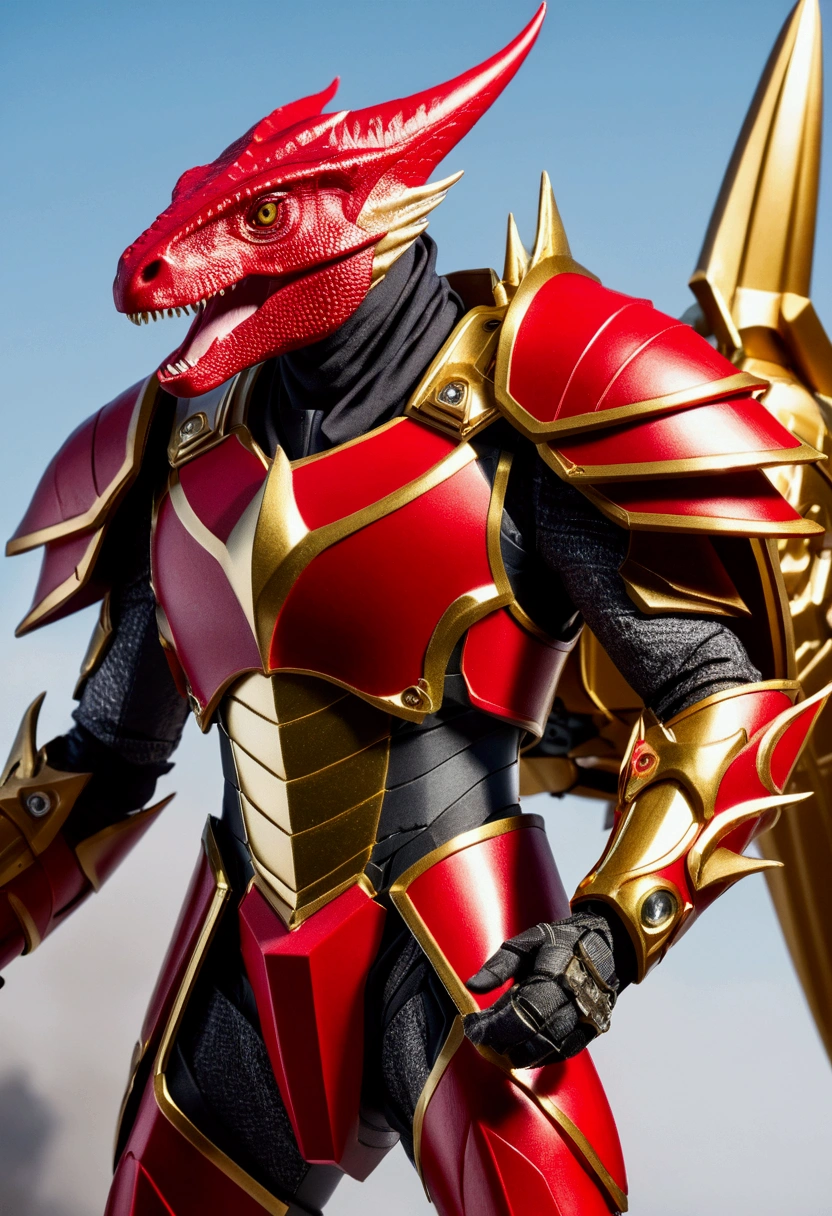 elf, Armor resembling a red scaled dinosaur., white curved horn, razor blade, Golden jetpack and rocket launcher, Masterpiece, best quality,holding a weapon