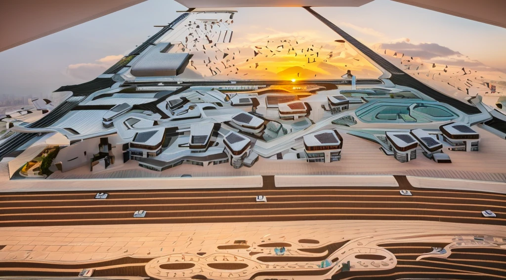 Elevated view of the city center,modern residential buildings,rooftop gardens,(minimalist:1.2) design,(sunset:1.2),warm colors,aerial perspective,masterpiece,best quality,