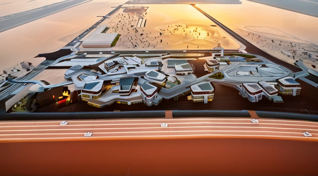 Elevated view of the city center,modern residential buildings,rooftop gardens,(minimalist:1.2) design,(sunset:1.2),warm colors,aerial perspective,masterpiece,best quality,