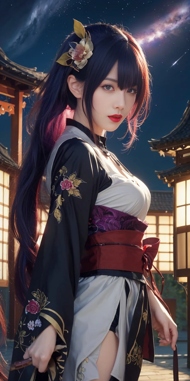 best quality, tmasterpiece,Ultra-high resolution,Clear face,(Reality:1.4),ferpect lighting,(upper body shot), (photorealistic:1.50), anime wallpaper, Guviz style artwork, cover-up fantasy up to magic , by Yang J, Guviz, beautiful artwork illustration, beautiful digital artwork, beautiful digital illustration, Li Song, beautiful anime portrait, art style in Beauvot, Lips wear thick red lipstick,