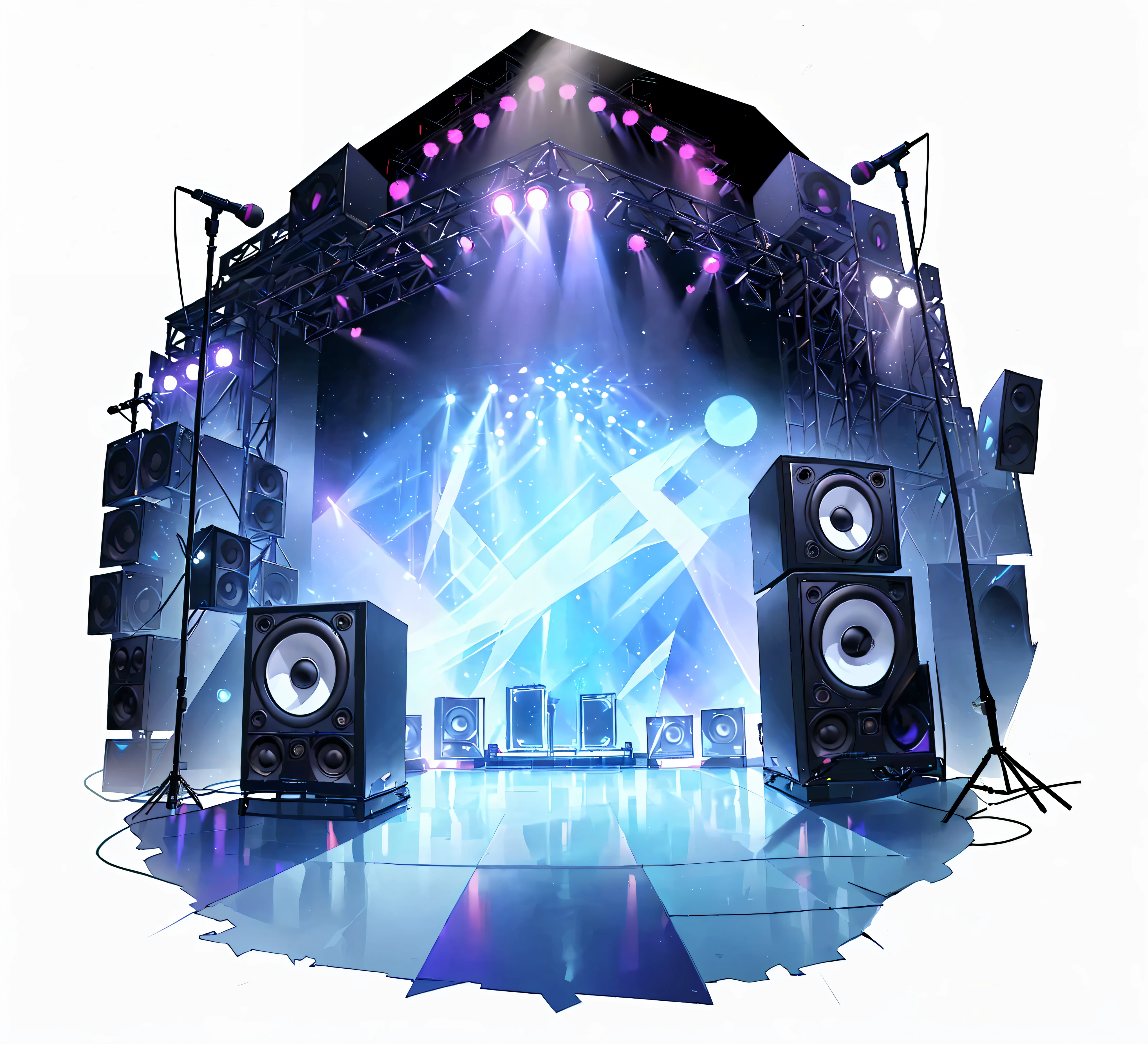 there are speakers on a stage with lights and a spotlight, stage background, ( ( stage lights ) ), stage lighrt, elaborate stage effects, stage, stage at a club, Nightclub Background, stage speakers, live concert lightsing, stage lighting, concert lightsing, stage lights, on rock concert stage, dj, Background artwork, stage light, concert lights, empty stage