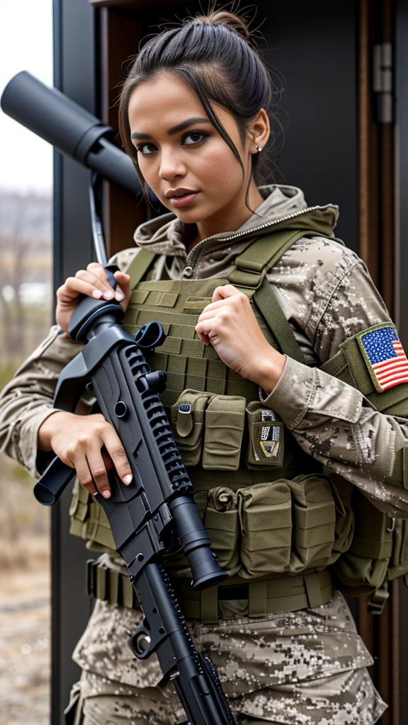 una mujer con un traje militar holding a rifle y posando para una foto, (((NSFW))), with rifle, carrying a rifle, of a sniper in war, Military girl, soldier girl, heavily armed, ready for combat, beautiful female soldier, Bikini + tattered military equipment, Infantry girl, holding a rifle, profile picture, waist - shot, Holding the rifle, Shot from the side, large breast