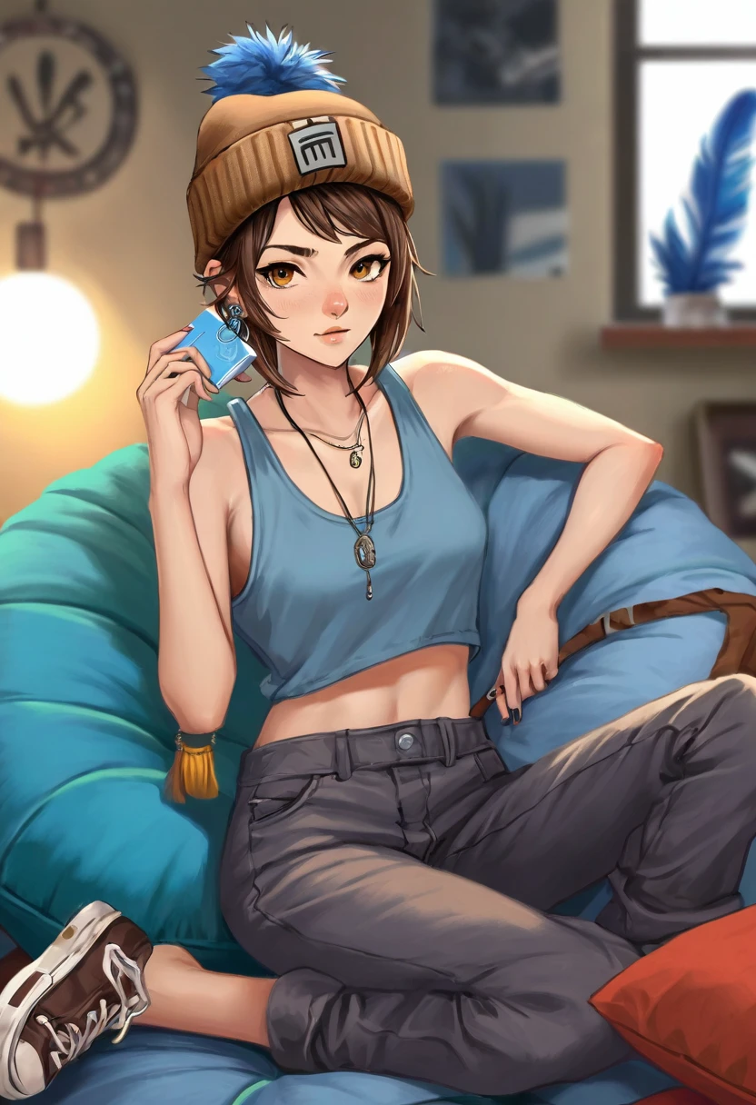 Adult female, mature, very short shaggy brown hair, wolf cut style hair, brown beanie, brown eyes, baggy hipster clothes, tanktop, hipster room, chill demeanor, nonchalant, neutral expression, one blue feather earring, leaning back on bean bag, holding lighter, fully clothed, highly detailed, specific detail, perfect detail, perfect eyes, perfect hands