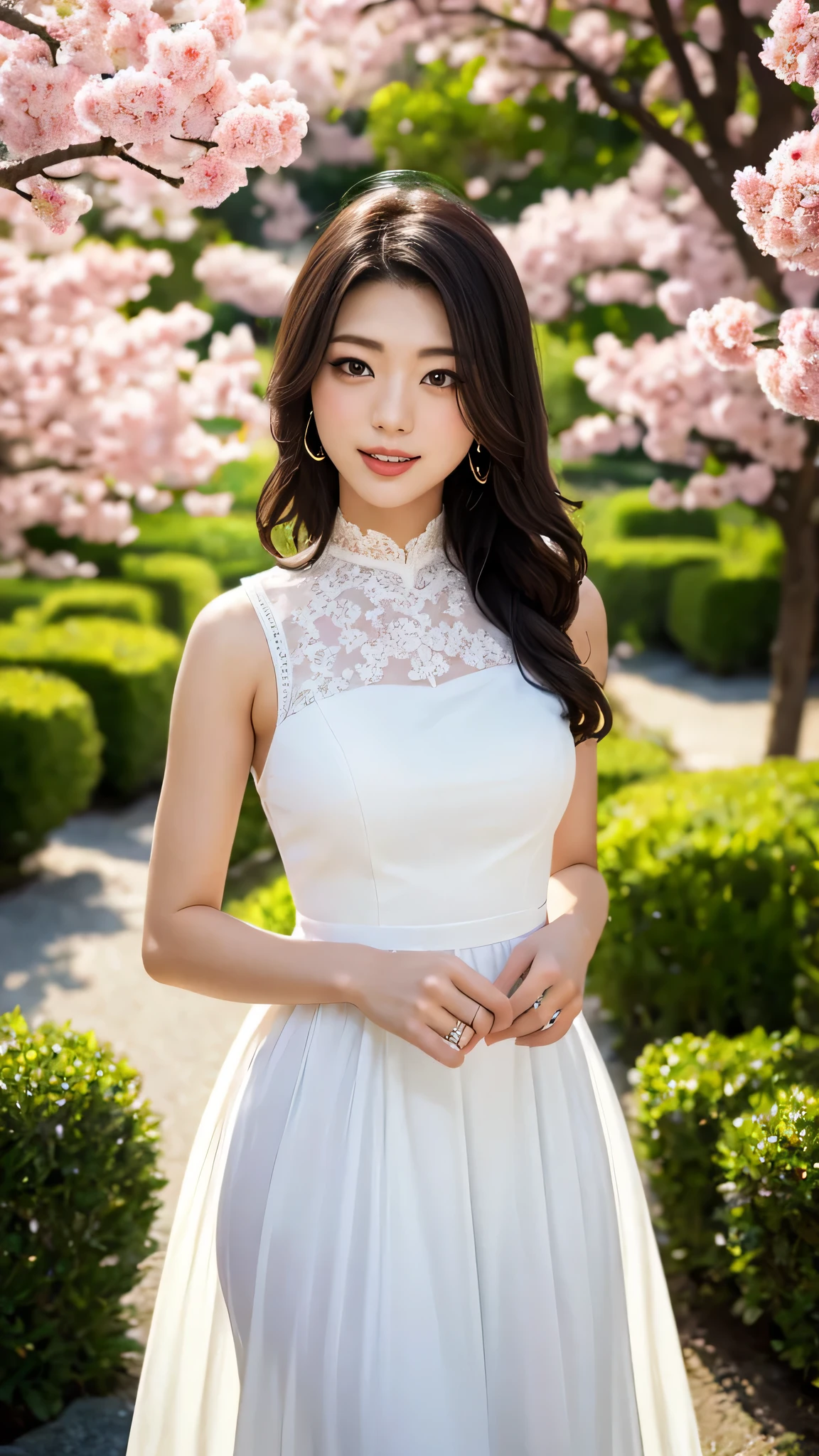 20-year-old Japanese woman, wearing a white lace wedding dress, digital painting, standing in a serene garden, soft natural light, detailed lace texture, elegant and graceful, smiling, traditional Japanese features, cherry blossoms in the background, romantic atmosphere, delicate and intricate design, full-length portrait, light breeze, springtime setting, (masterpiece: 2), best quality, ultra highres, original, extremely detailed, perfect lighting