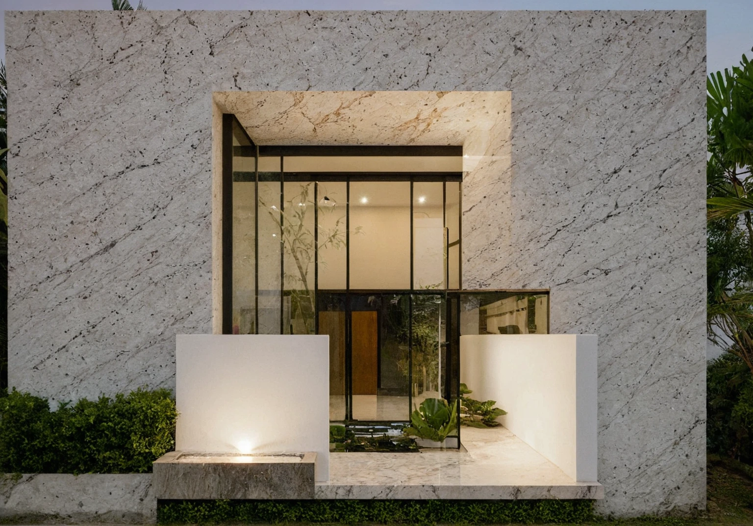 masterpiece, best quality, exterior design, (sunset), one-story modern house in Vietnamese village, marble, steel, modern light-colored granite facade and white walls, wooden ceiling , large glass, modern minimalist style, green shrubs and tropical plants background, large doors and windows.
