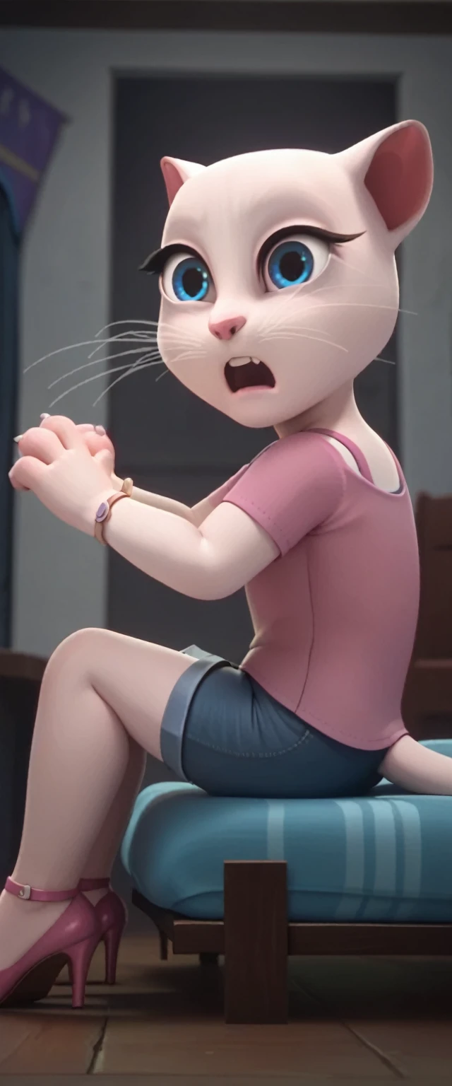solo focus, a_la, 1girl, cat, white fur, long whiskers on both sides of the face, big bright blue eyes, big black eyelashes, pink nose, triangular ears with pink channels, high heels.short jeans pulled down. 1 girl and 1 boy human. side view. in bed. woman facing back The man is sitting on the chair. Woman sits on man anal screaming, lying, at home, looking back, big penis, 1 male rape, girl . Score_9, Score_8_up, Score_7_
